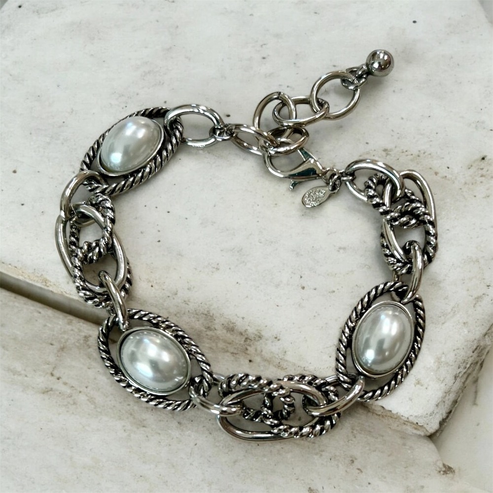 Premier Design Silver Tone Faux Pearl Link Bracelet Textured Oval Cabochon